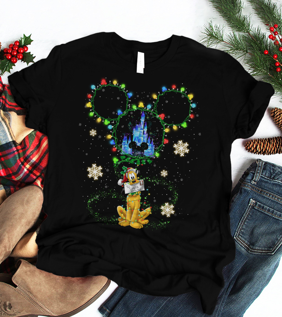 Pluto Santa Christmas Lights Mickey Head Castle Snowflakes T-Shirt