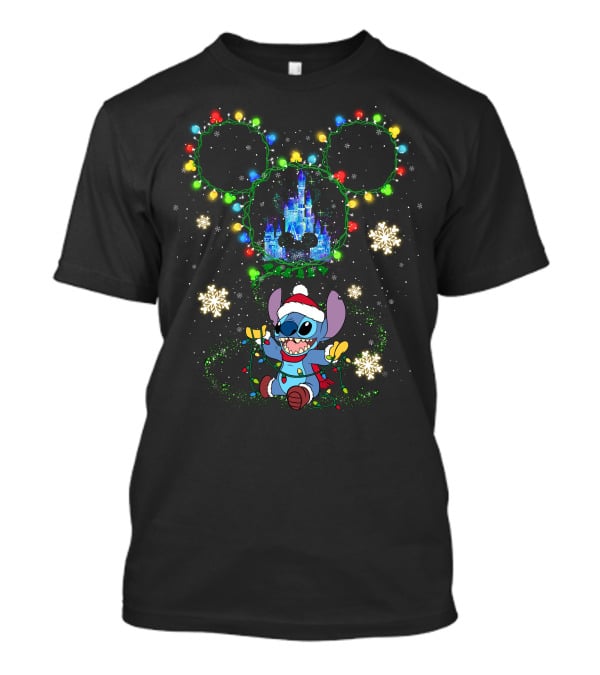 Disney Stitch Christmas Castle Lights Mickey Ears T-Shirt
