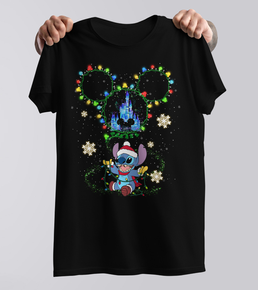 Disney Stitch Christmas Castle Lights Mickey Ears T-Shirt
