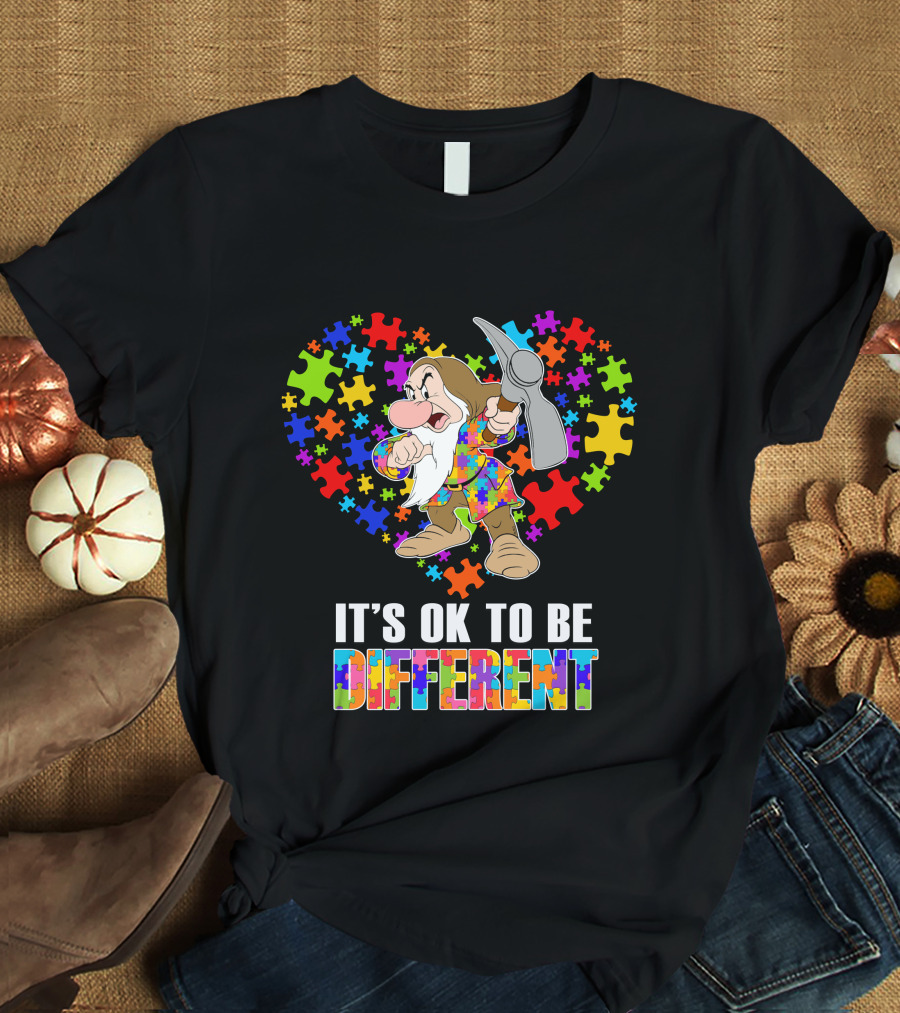 It's Ok To Be Different Grumpy Dwarf With Puzzle Piece Heart T-Shirt