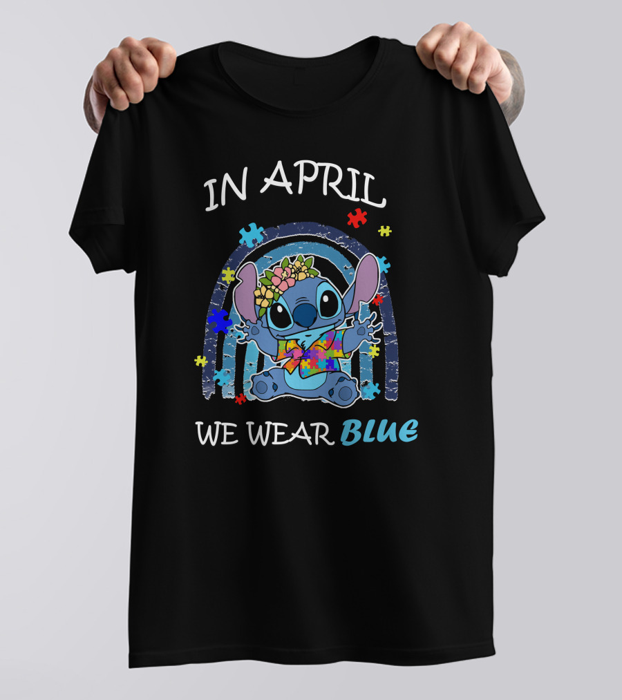 In April We Wear Blue Stitch Puzzle Rainbow T-Shirt