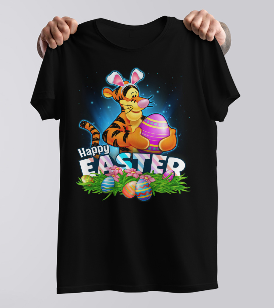 Happy Easter Tigger With Colorful Eggs And Bunny Ears T-Shirt