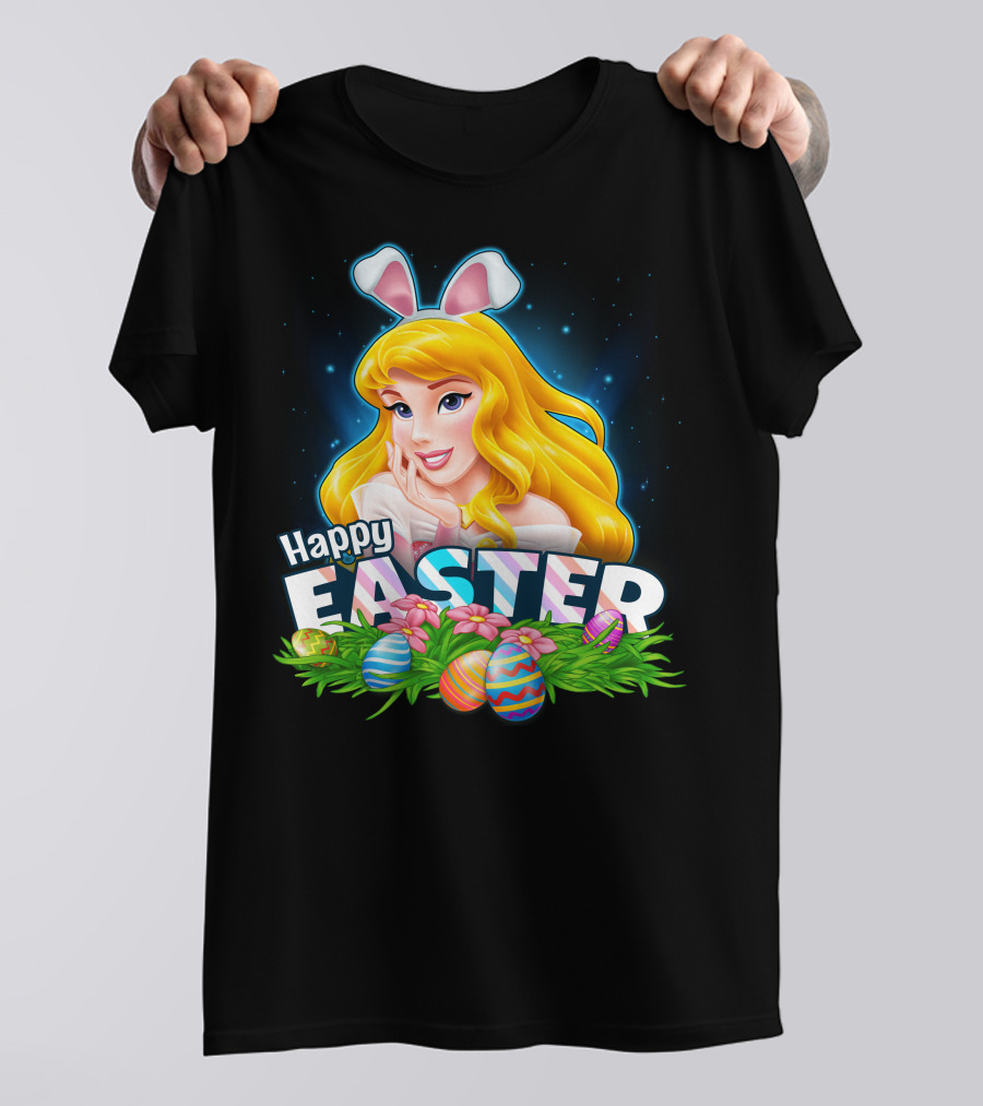 Happy Easter Aurora Bunny Ears With Colorful Eggs And Flowers T-Shirt