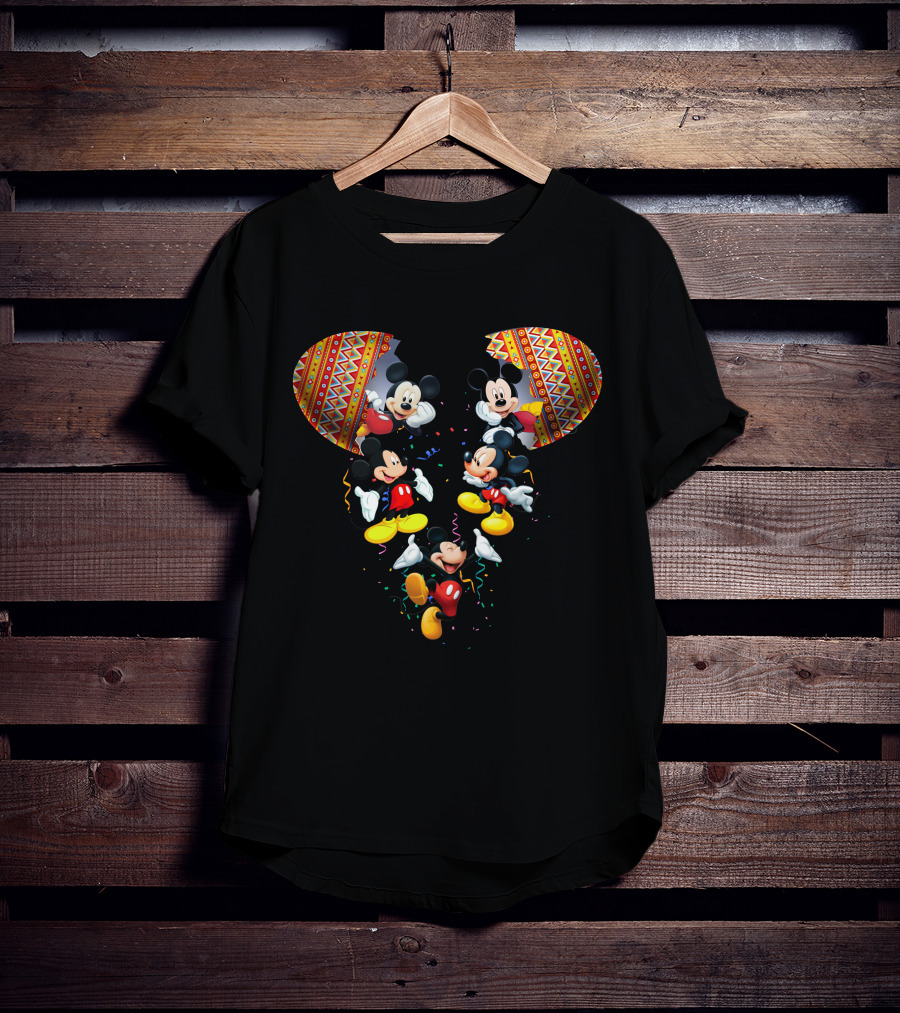 Mickey Mouse Colorful Festive Celebration Inside Aztec Pattern Ears T-Shirt