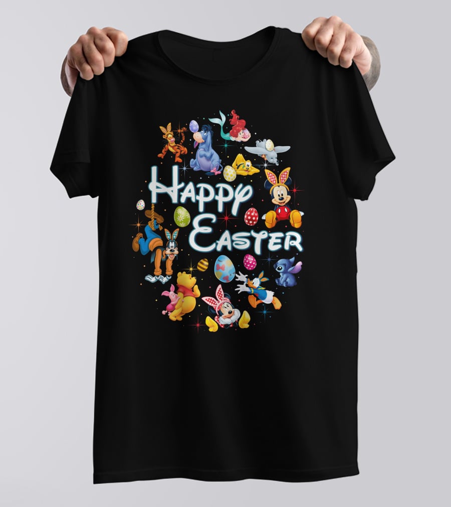 Happy Easter Disney Characters Mickey Minnie Pooh Stitch Dumbo Ariel Tigger Goofy Eeyore Eggs T-Shirt