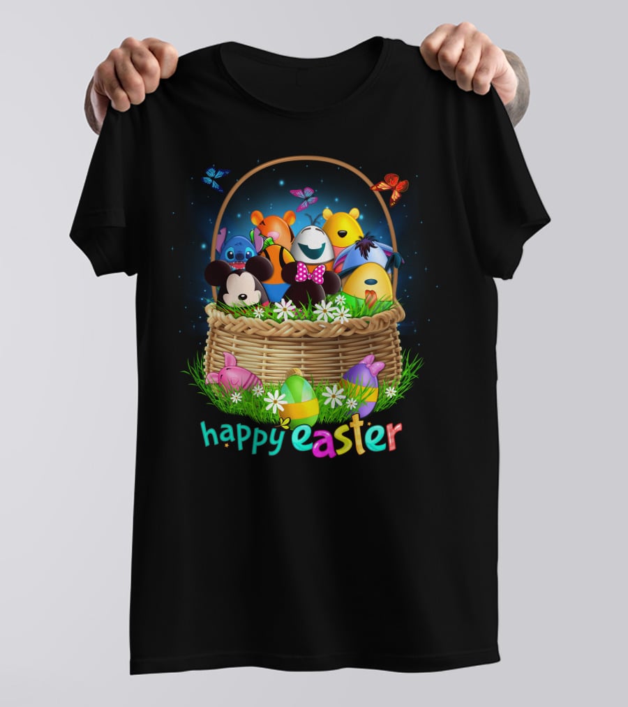 Happy Easter Basket With Colorful Eggs And Characters T-Shirt
