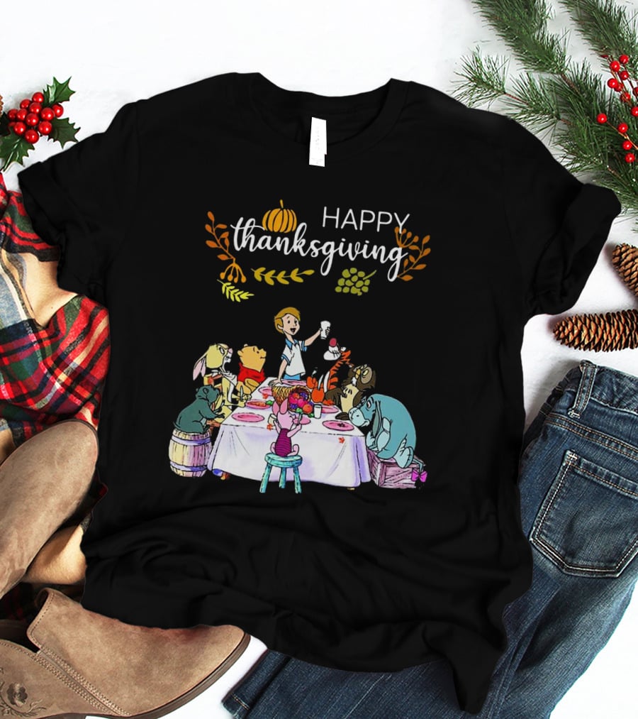 Winnie The Pooh Happy Thanksgiving Celebration With Friends At Dining Table T-Shirt