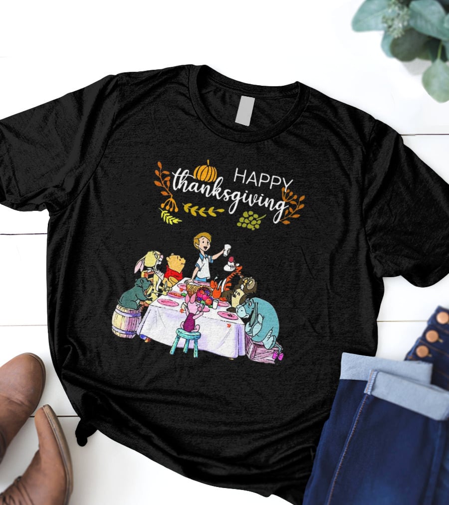 Winnie The Pooh Happy Thanksgiving Celebration With Friends At Dining Table T-Shirt