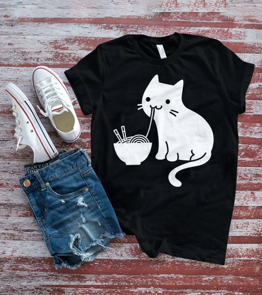 Chat Mignon Manger Ramen Essentiel Blanc Noir T-Shirt