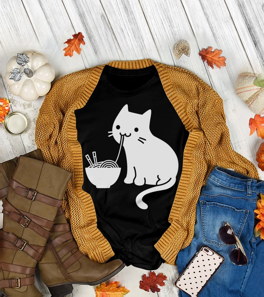 Chat Mignon Manger Ramen Essentiel Blanc Noir T-Shirt