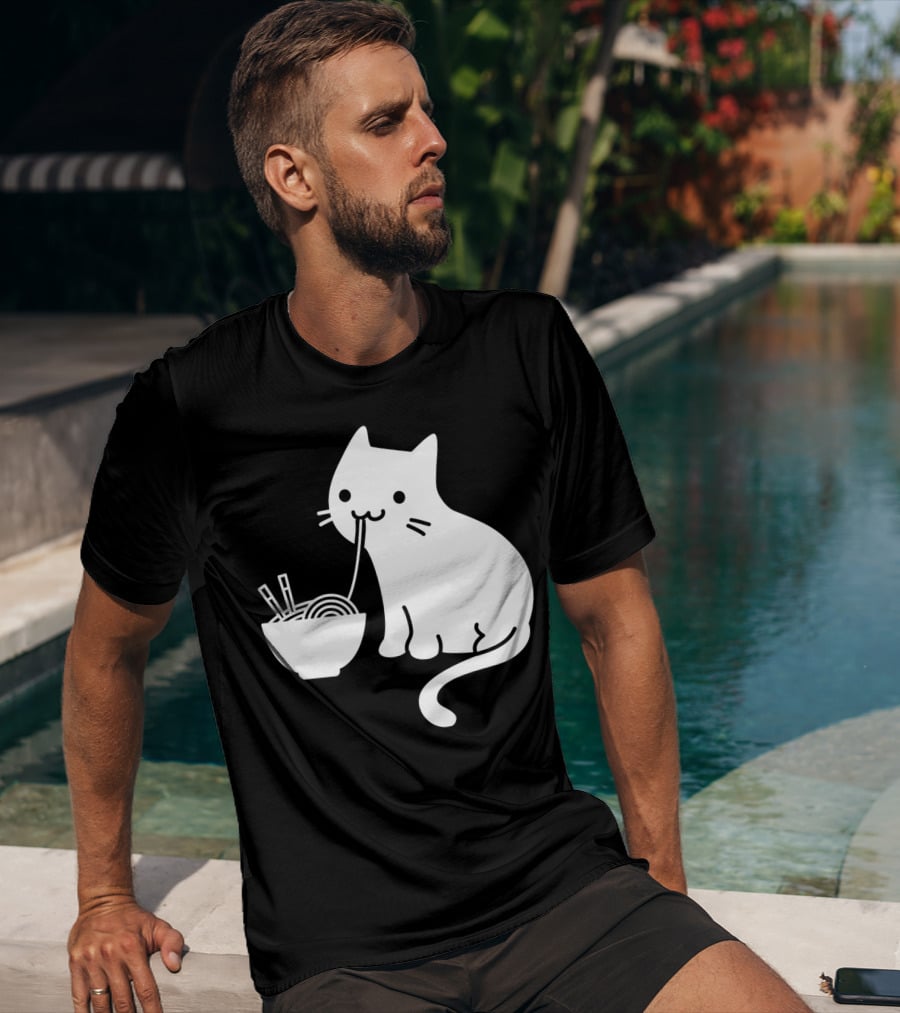 Chat Mignon Manger Ramen Essentiel Blanc Noir T-Shirt