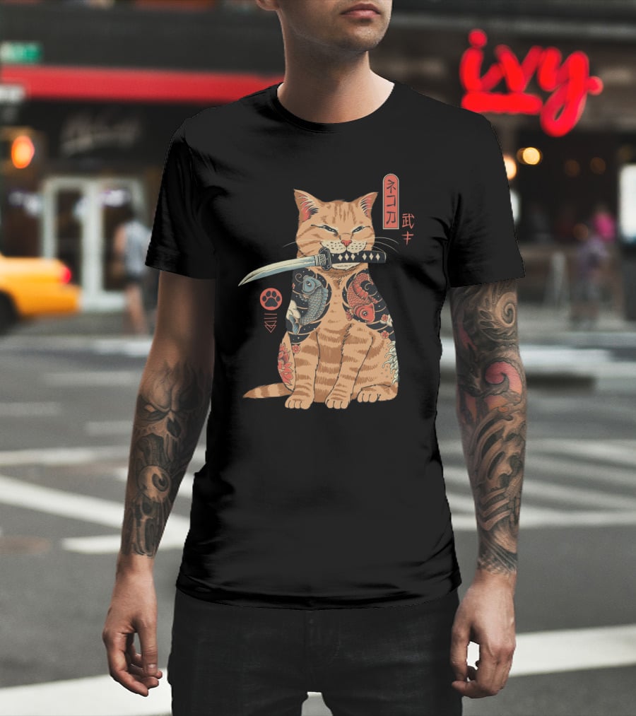 Catana Classique Samurai Cat Kanji Tattoo Koi Fish Katana T-Shirt