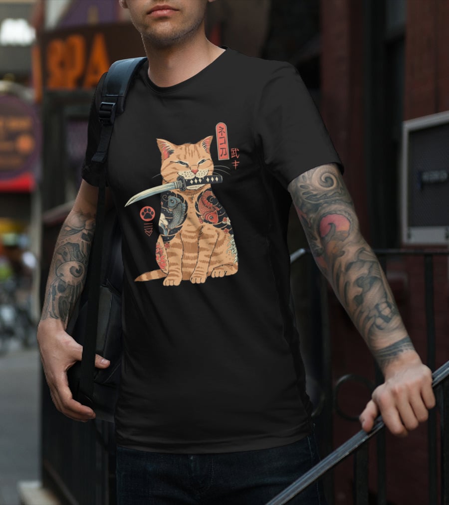 Catana Classique Samurai Cat Kanji Tattoo Koi Fish Katana T-Shirt