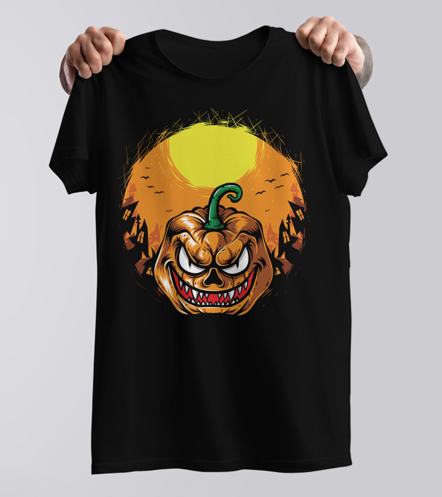 Spooky Grinning Pumpkin With Haunted Houses And Bats Under Full Moon Halloween T-Shirt