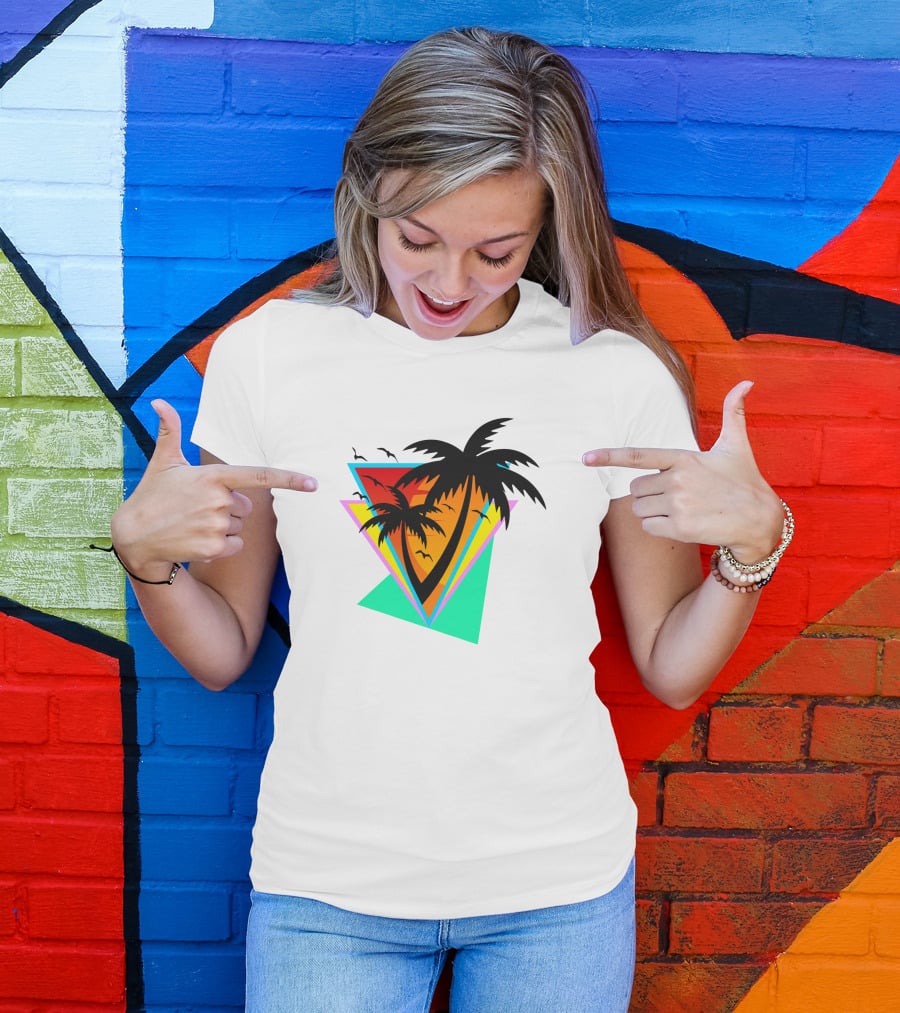 The Sea And You Tropical Palm Sunset With Geometric Triangles And Birds T-Shirt
