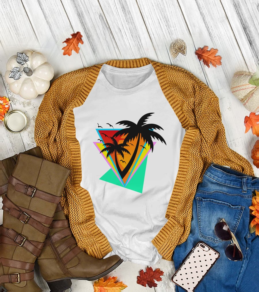 The Sea And You Tropical Palm Sunset With Geometric Triangles And Birds T-Shirt