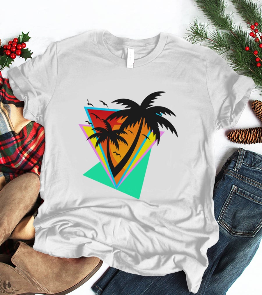 The Sea And You Tropical Palm Sunset With Geometric Triangles And Birds T-Shirt