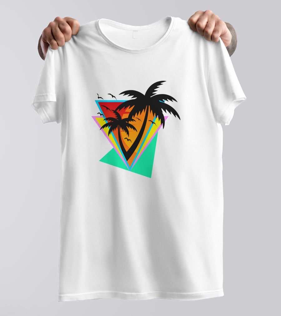 The Sea And You Tropical Palm Sunset With Geometric Triangles And Birds T-Shirt