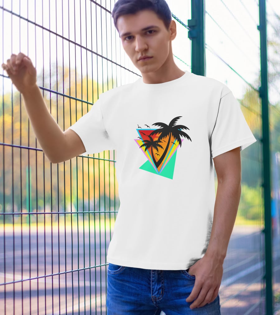 The Sea And You Tropical Palm Sunset With Geometric Triangles And Birds T-Shirt