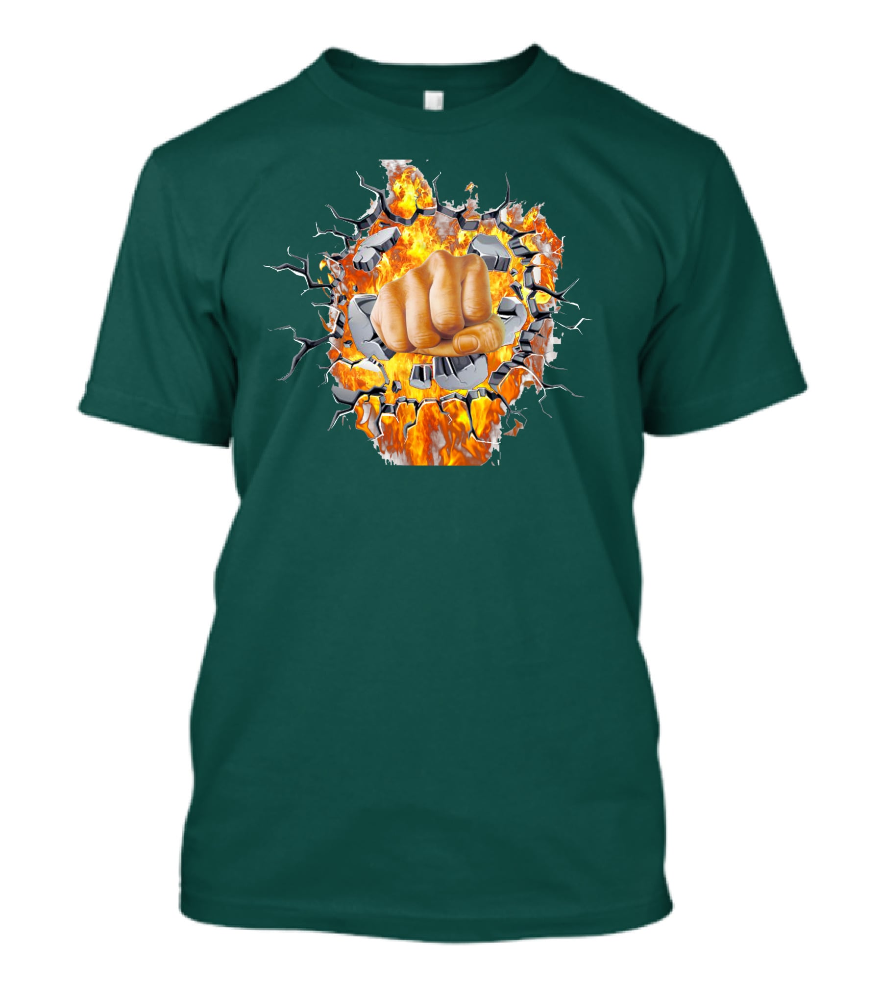 Steel Hands Fist Breaking Through Fiery Wall T-Shirt