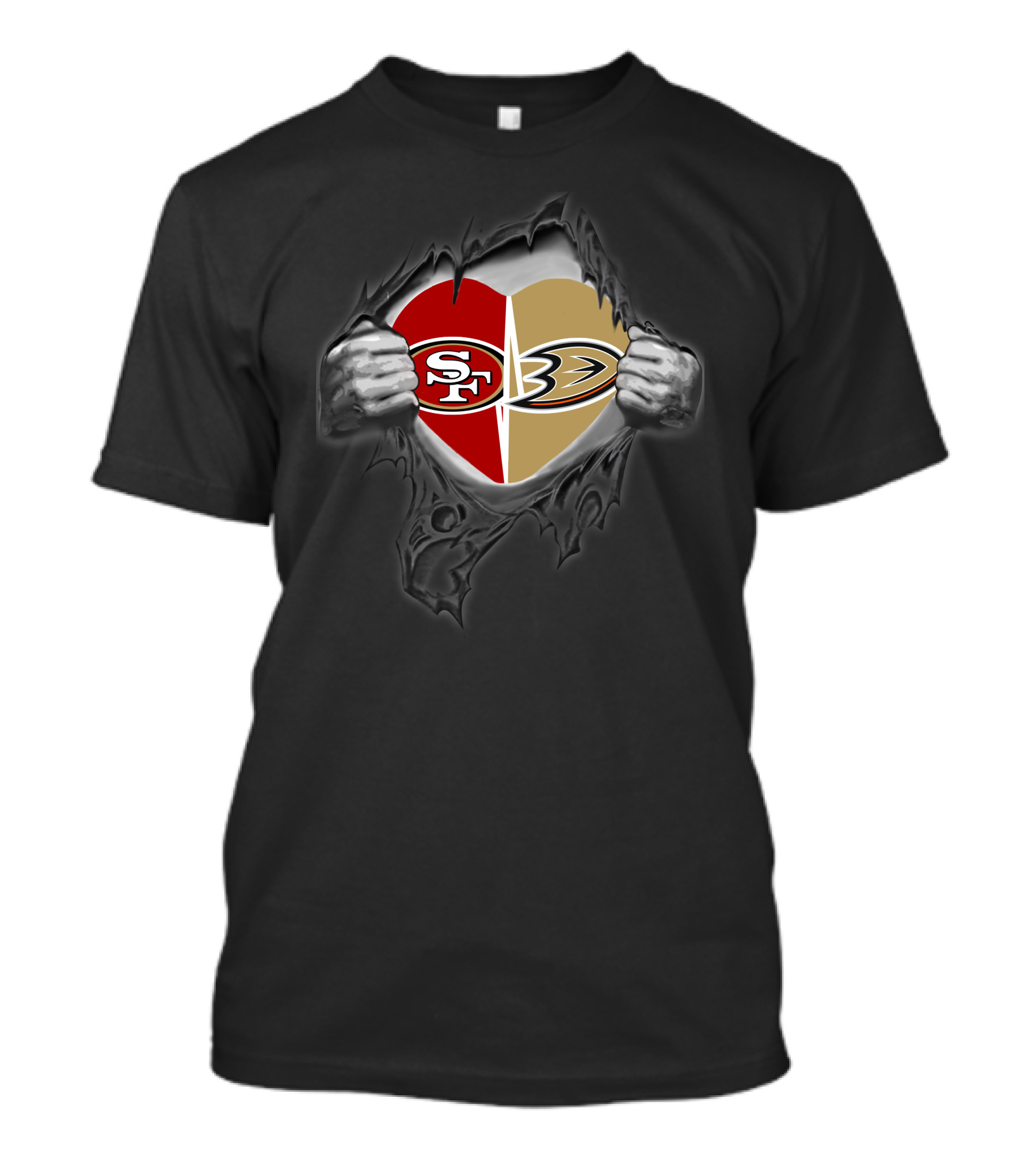 Sf 49ers Anaheim Ducks Heart With Ripped Hands T-Shirt