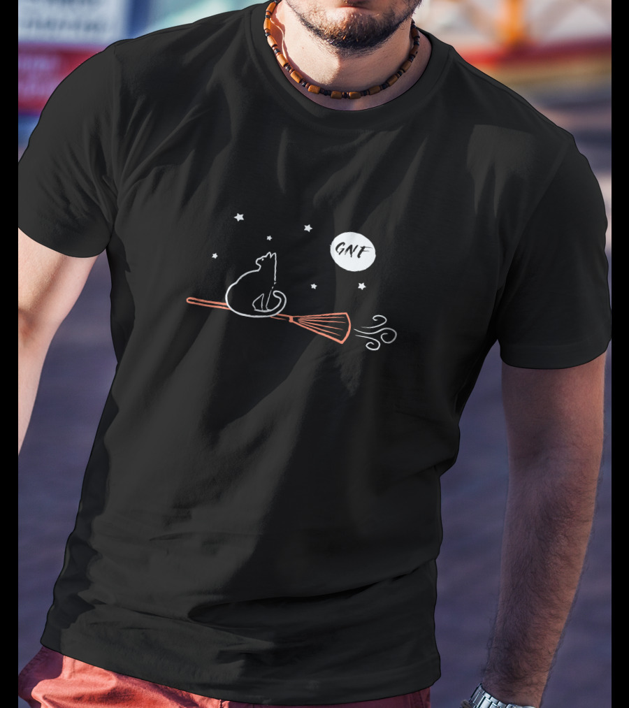 George Not Found GNF Halloween Cat On Broom With Stars T-Shirt