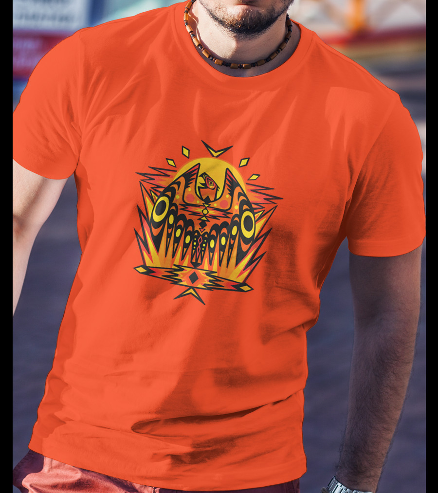Howl Out Golden Eagle Rises Tribal Pattern On Bold Orange Background T-Shirt
