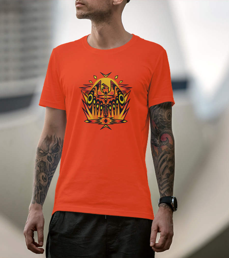 Howl Out Golden Eagle Rises Tribal Pattern On Bold Orange Background T-Shirt