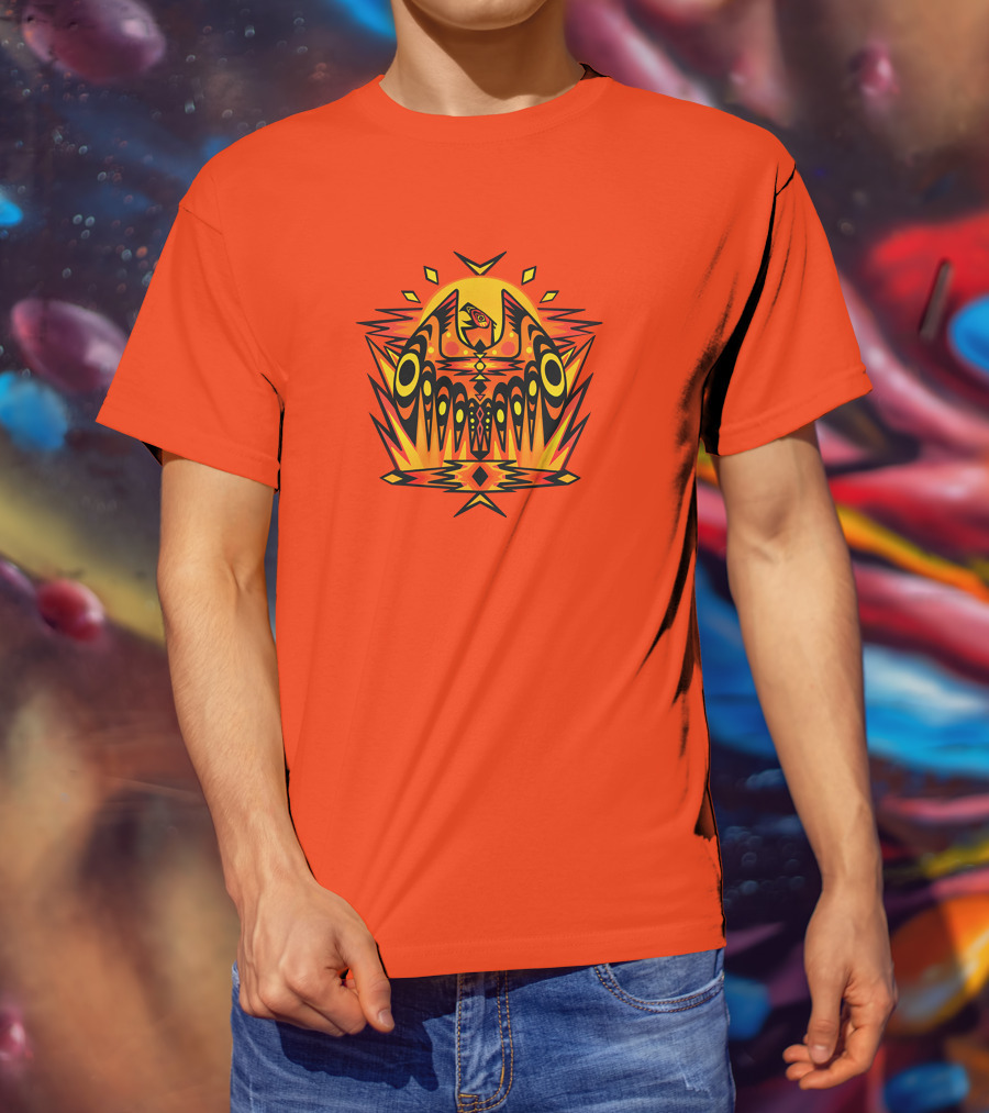 Howl Out Golden Eagle Rises Tribal Pattern On Bold Orange Background T-Shirt