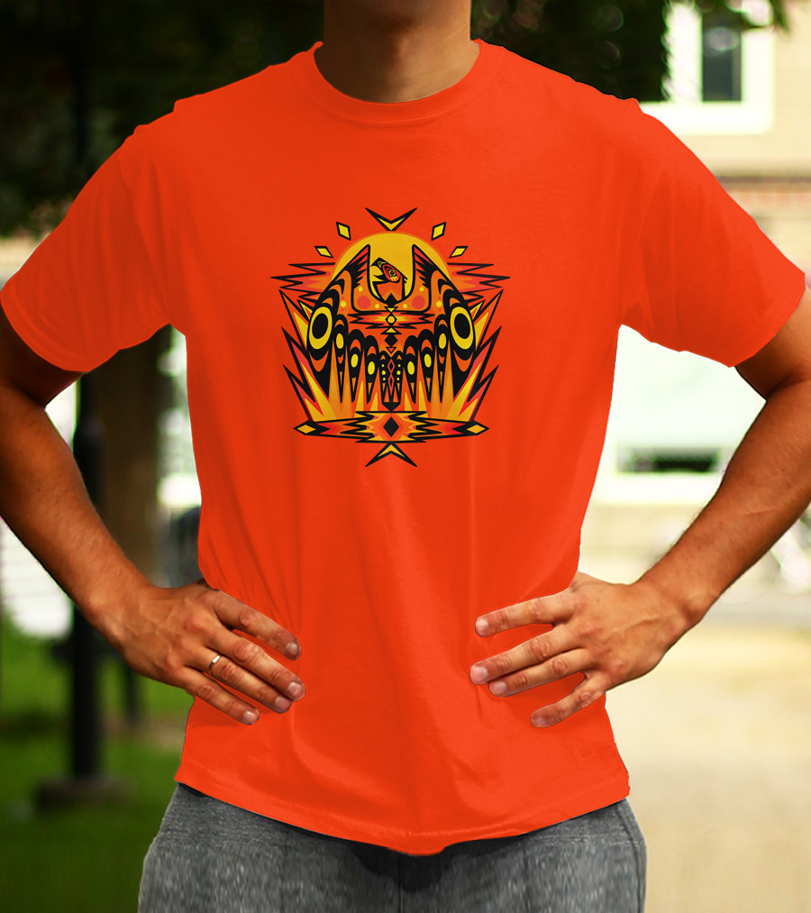 Howl Out Golden Eagle Rises Tribal Pattern On Bold Orange Background T-Shirt