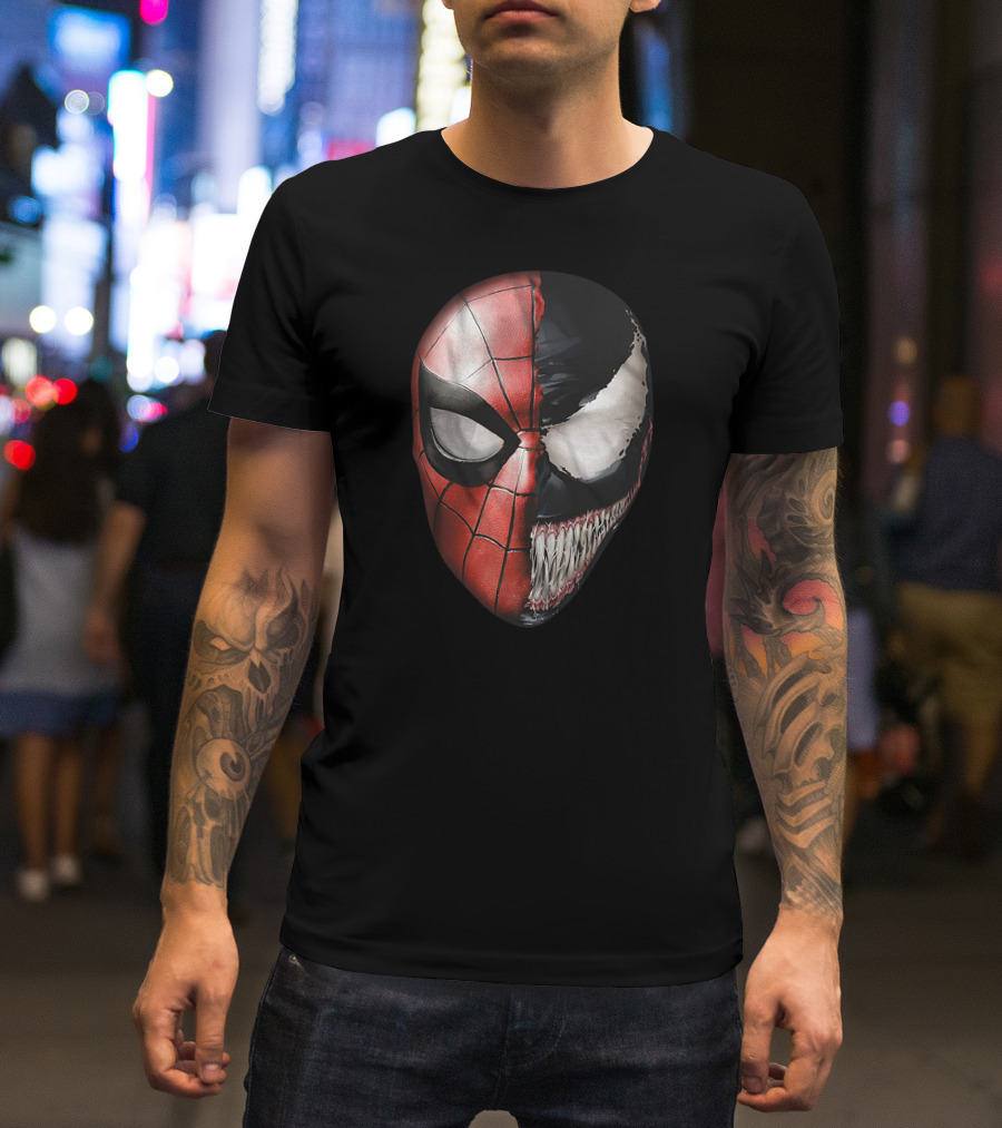 Venom Spidey Faces Split Mask Spider-Man Avengers Villain Comic Book T-Shirt
