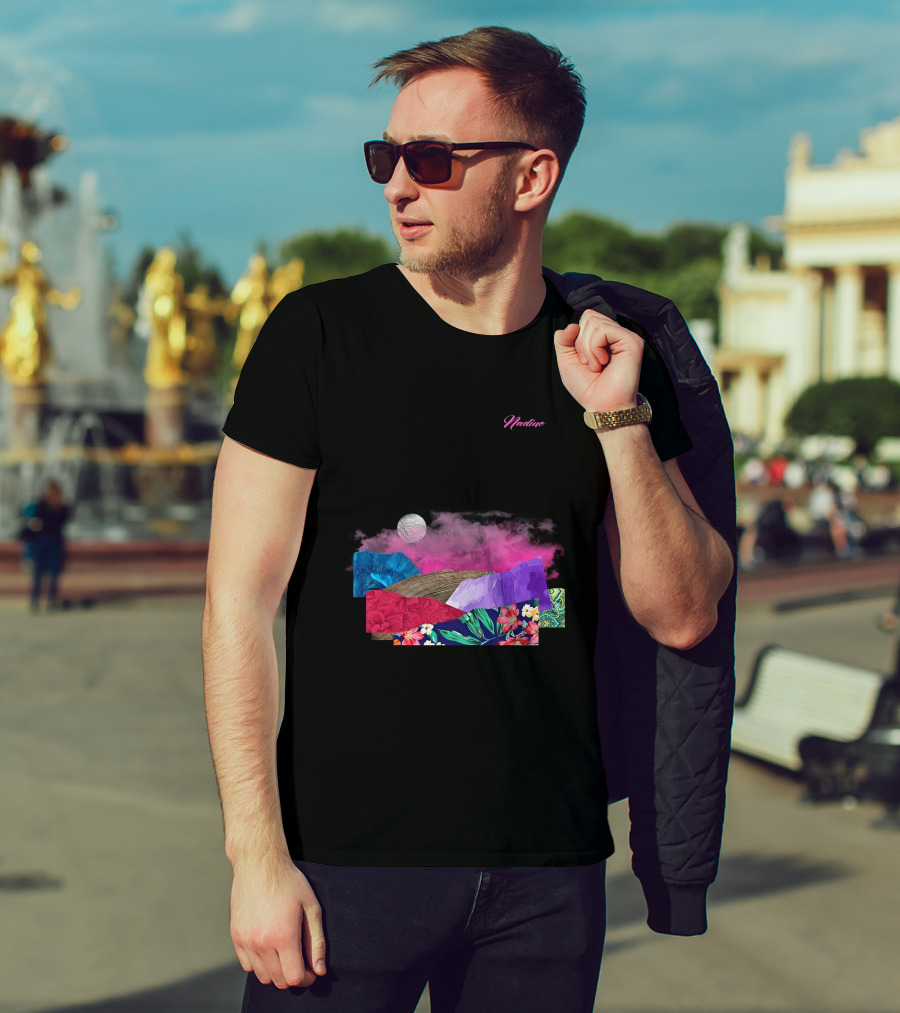 Nadine Lott Vibrant Floral Pattern With Pink And Blue Textures And White Moon T-Shirt