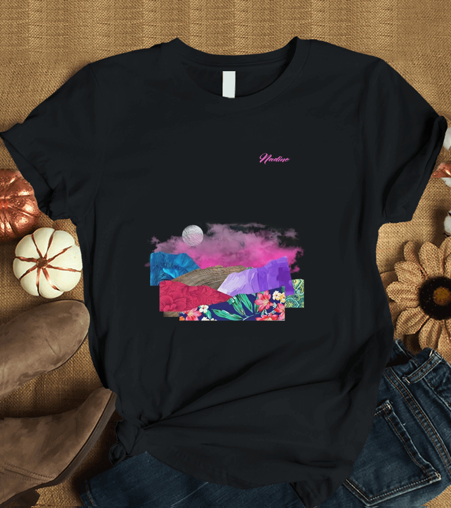 Nadine Lott Vibrant Floral Pattern With Pink And Blue Textures And White Moon T-Shirt