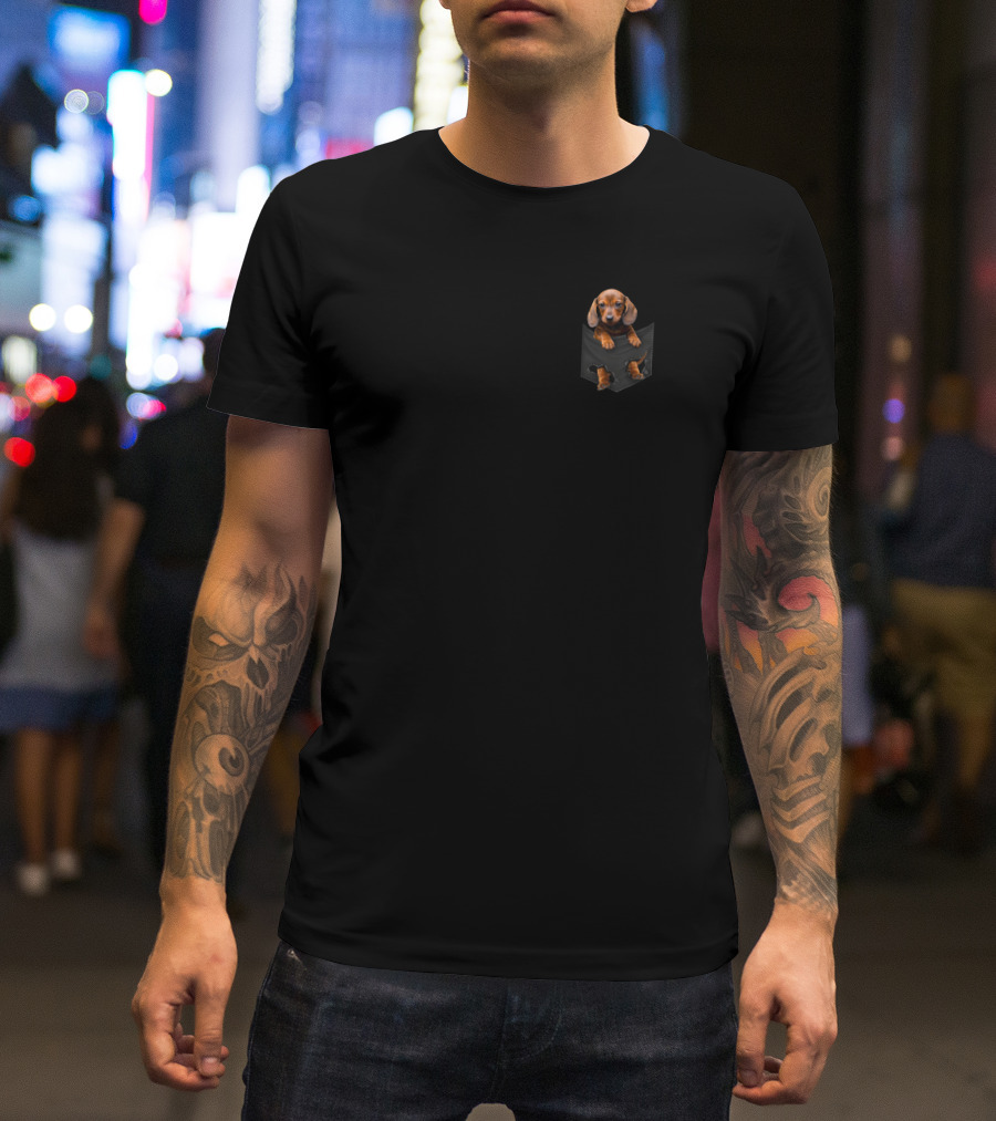 Cute Dachshund Dog In Pocket T-Shirt