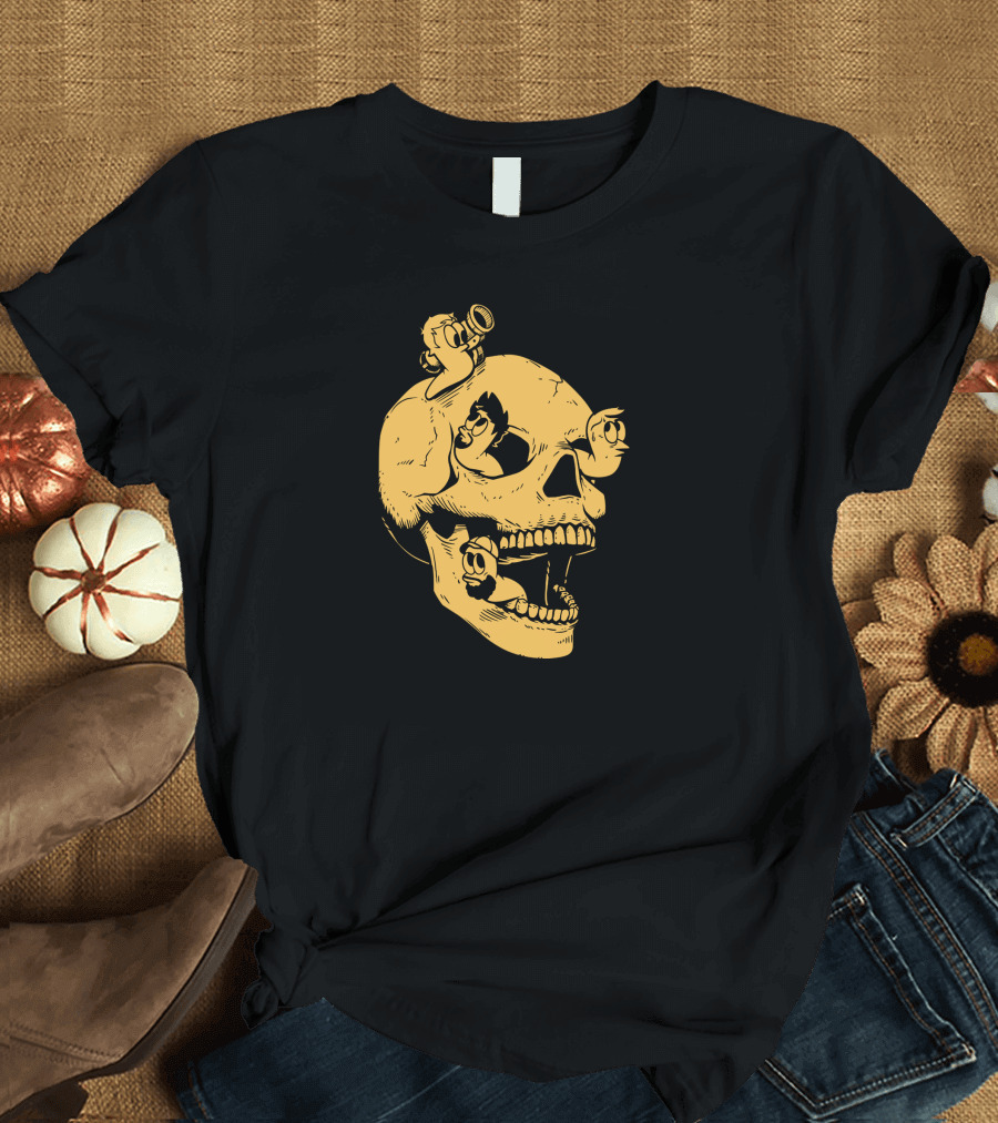 Sweet Skull Gold Variant With Worms And Cartoon Characters T-Shirt