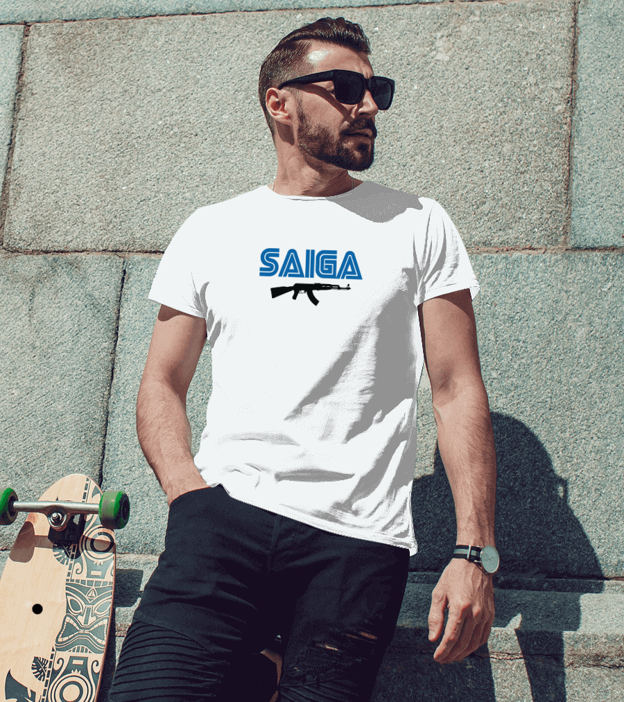 SAIGA AK47 Rifle Bold Blue Text T-Shirt