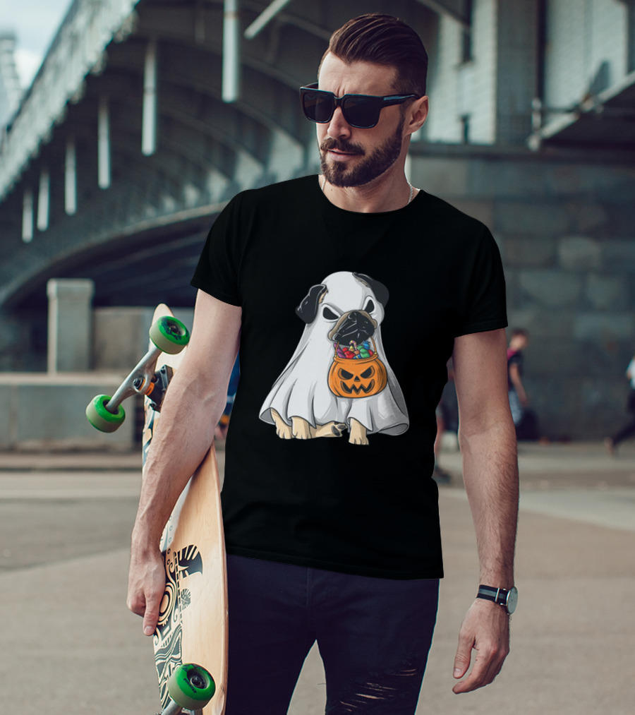 Bestee Shops Ghost Pug With Halloween Candy Bucket T-Shirt