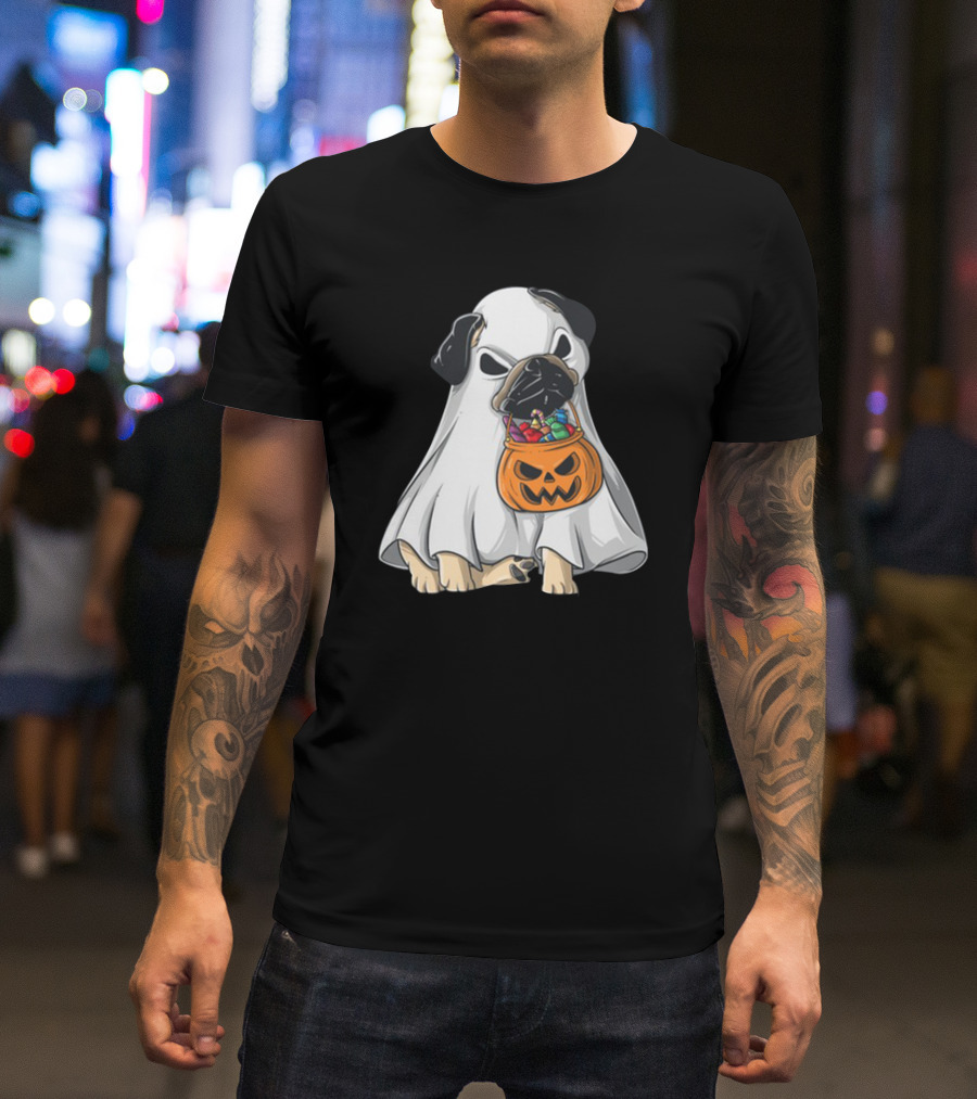 Bestee Shops Ghost Pug With Halloween Candy Bucket T-Shirt