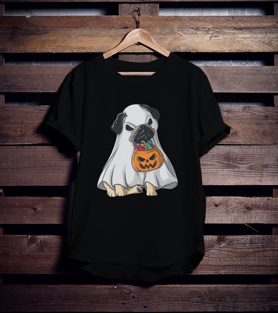 Bestee Shops Ghost Pug With Halloween Candy Bucket T-Shirt