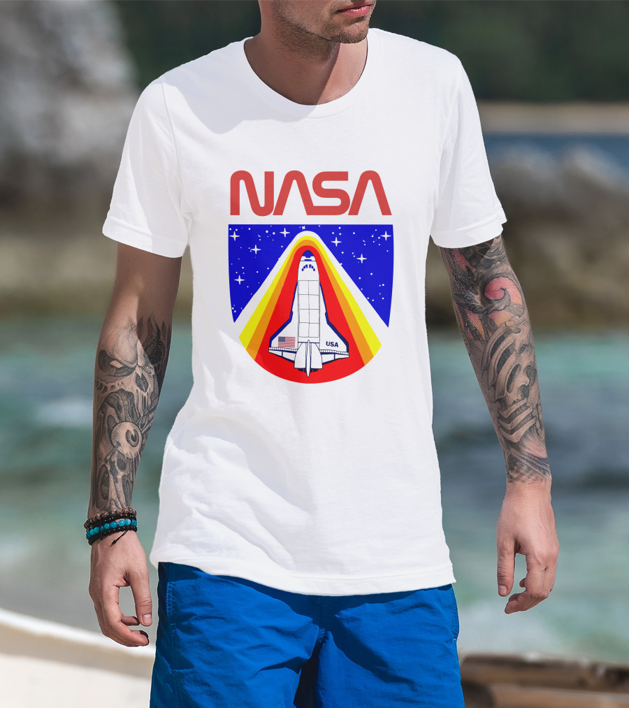 NASA Red Spaceship Emblem With Stars And Rainbow Trail T-Shirt