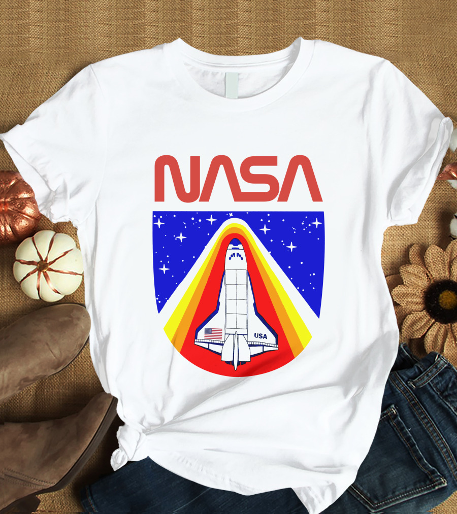 NASA Red Spaceship Emblem With Stars And Rainbow Trail T-Shirt