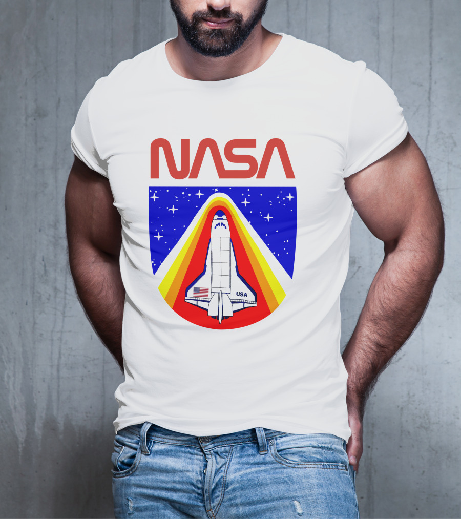 NASA Red Spaceship Emblem With Stars And Rainbow Trail T-Shirt