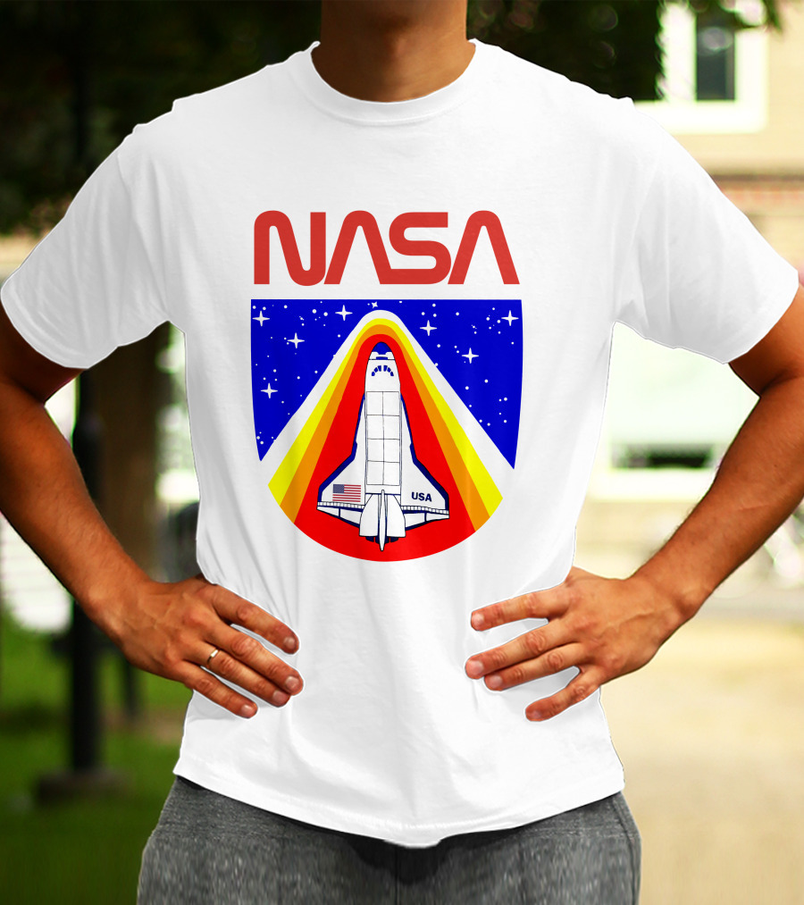 NASA Red Spaceship Emblem With Stars And Rainbow Trail T-Shirt