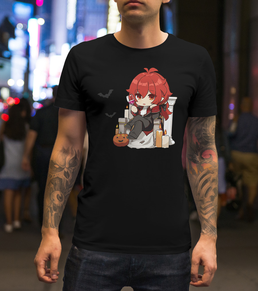 Genshin Impact Diluc Halloween Sitting With Wine And Jack-o'-Lantern T-Shirt