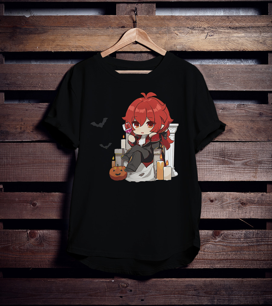 Genshin Impact Diluc Halloween Sitting With Wine And Jack-o'-Lantern T-Shirt