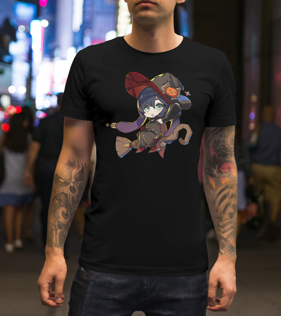Ae Entropy Happy Halloween Genshin Impact Mona Witch Broom Pumpkin Hat T-Shirt