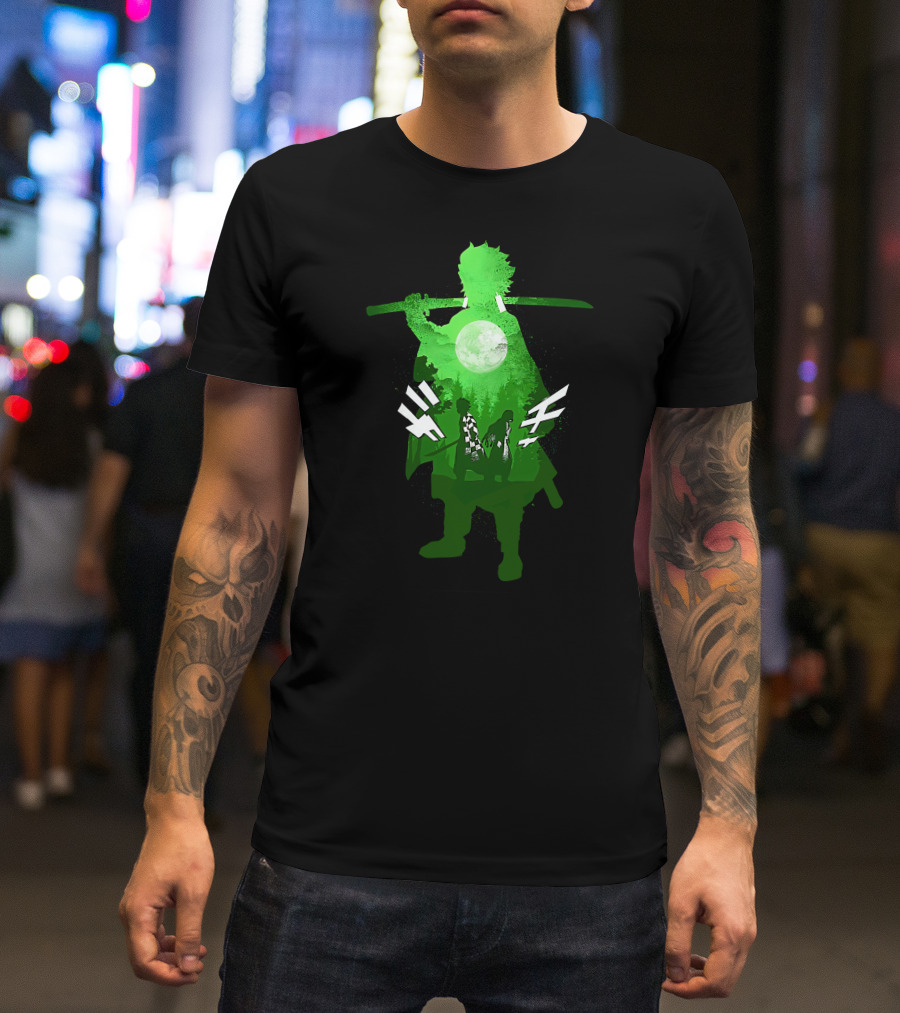 Demon Slayer Anime Tanjiro Kamado Green Silhouette With Moon And Sword T-Shirt