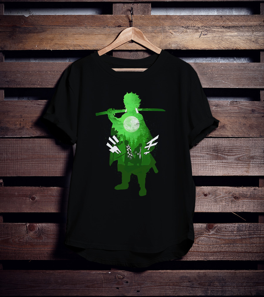 Demon Slayer Anime Tanjiro Kamado Green Silhouette With Moon And Sword T-Shirt