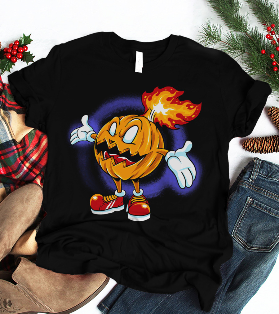 Halloween Pumpkin Fiery Character With Sneakers T-Shirt