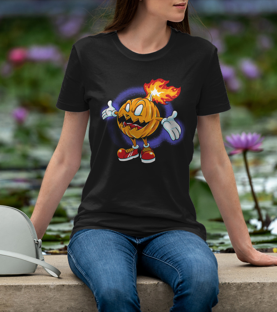 Halloween Pumpkin Fiery Character With Sneakers T-Shirt